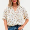 Outlet Dear-Lover Floral Eyelet Embroidered Puff Sleeve Notch V Neck Blouse White