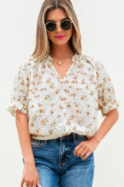 Outlet Dear-Lover Floral Eyelet Embroidered Puff Sleeve Notch V Neck Blouse White