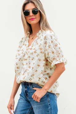 Outlet Dear-Lover Floral Eyelet Embroidered Puff Sleeve Notch V Neck Blouse White