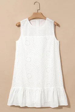 Discount Dear-Lover Floral Eyelet Embroidered Sleeveless Shift Dress White