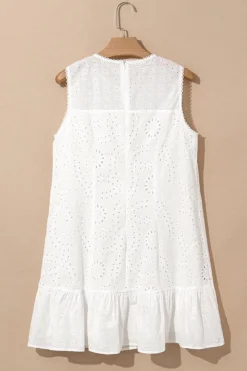 Discount Dear-Lover Floral Eyelet Embroidered Sleeveless Shift Dress White