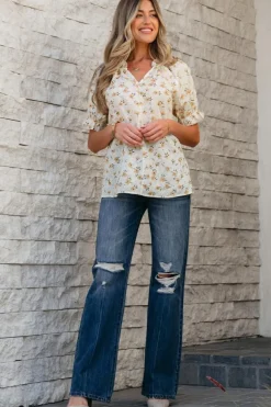 Outlet Dear-Lover Floral Eyelet Embroidered Puff Sleeve Notch V Neck Blouse White
