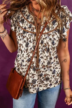 Sale Dear-Lover Floral Frilly Blouse with Lace Up White
