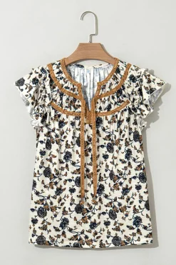 Sale Dear-Lover Floral Frilly Blouse with Lace Up White