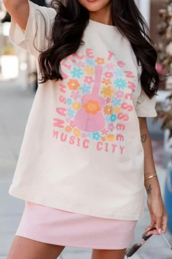 Discount Dear-Lover Floral Guitar NASHVILLE Slogan Graphic T Shirt White
