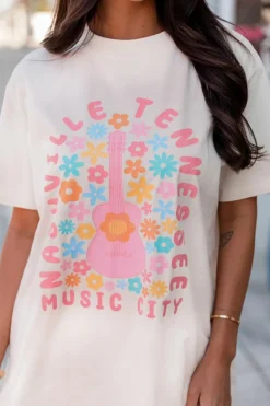 Discount Dear-Lover Floral Guitar NASHVILLE Slogan Graphic T Shirt White