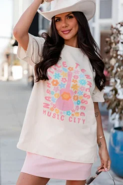 Discount Dear-Lover Floral Guitar NASHVILLE Slogan Graphic T Shirt White