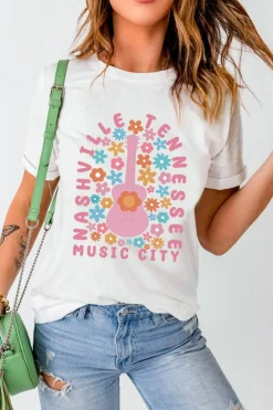 Discount Dear-Lover Floral Guitar NASHVILLE Slogan Graphic T Shirt White