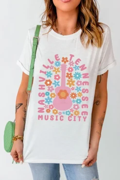 Discount Dear-Lover Floral Guitar NASHVILLE Slogan Graphic T Shirt White