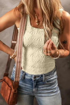 Clearance Dear-Lover Floral Jacquard Square Neck Tank Top White