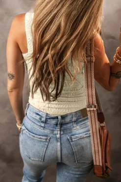 Clearance Dear-Lover Floral Jacquard Square Neck Tank Top White