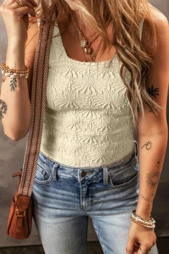Clearance Dear-Lover Floral Jacquard Square Neck Tank Top White