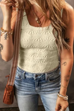 Clearance Dear-Lover Floral Jacquard Square Neck Tank Top White