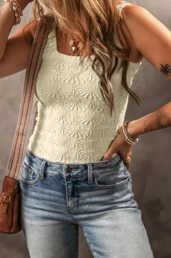 Clearance Dear-Lover Floral Jacquard Square Neck Tank Top White