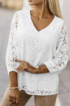 New Dear-Lover Floral Lace Crochet Loose Fit V Neck Top White