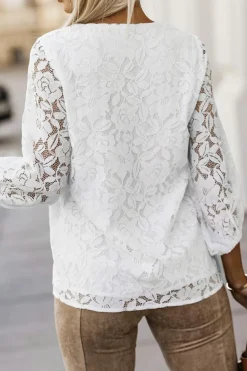 New Dear-Lover Floral Lace Crochet Loose Fit V Neck Top White