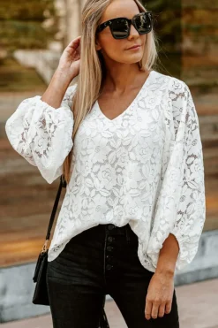 New Dear-Lover Floral Lace Crochet Loose Fit V Neck Top White