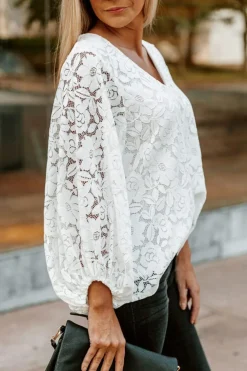 New Dear-Lover Floral Lace Crochet Loose Fit V Neck Top White