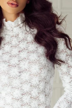 Hot Dear-Lover Floral Lace High Neck Long Sleeve Top White