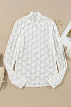 Hot Dear-Lover Floral Lace High Neck Long Sleeve Top White