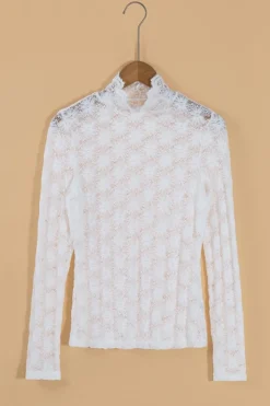 Hot Dear-Lover Floral Lace High Neck Long Sleeve Top White