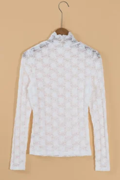 Hot Dear-Lover Floral Lace High Neck Long Sleeve Top White