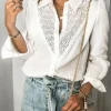 Clearance Dear-Lover Floral Lace Hollow-out Splicing Crinkled Shirt White