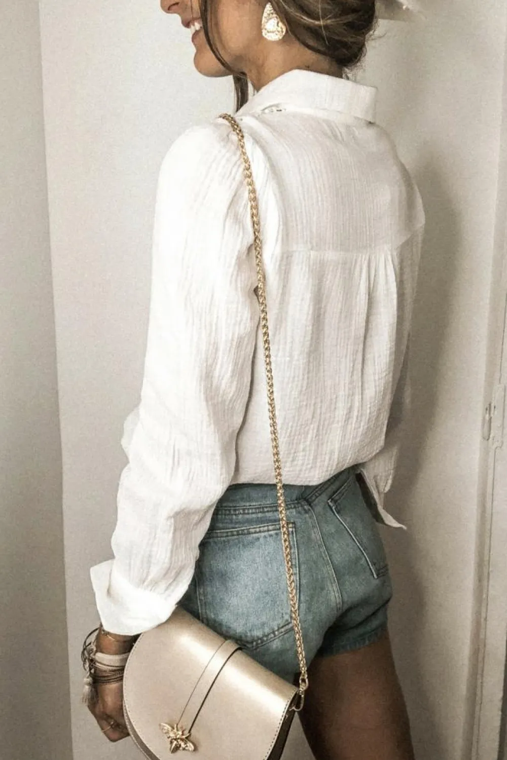 Clearance Dear-Lover Floral Lace Hollow-out Splicing Crinkled Shirt White