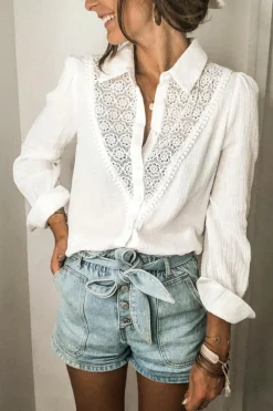 Clearance Dear-Lover Floral Lace Hollow-out Splicing Crinkled Shirt White