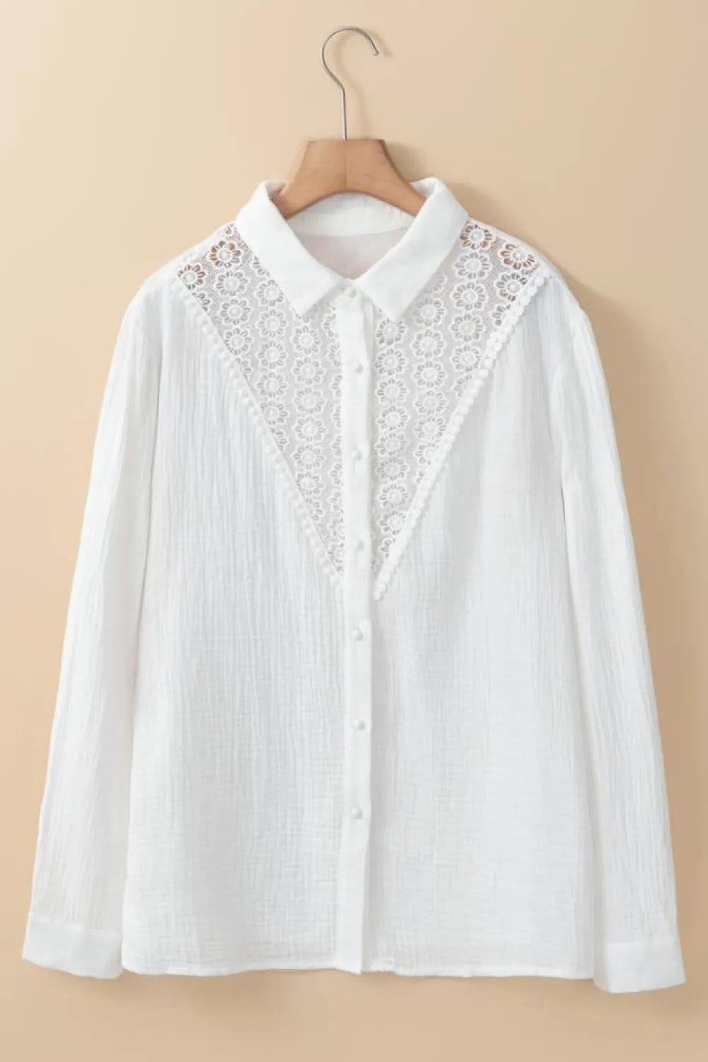 Clearance Dear-Lover Floral Lace Hollow-out Splicing Crinkled Shirt White