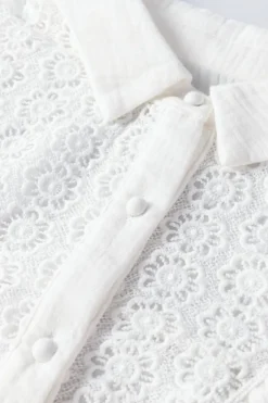 Clearance Dear-Lover Floral Lace Hollow-out Splicing Crinkled Shirt White