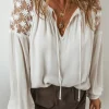 Hot Dear-Lover Floral Lace Patchwork Puff Sleeve Tied V Neck Blouse White