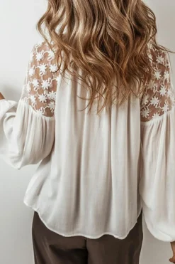 Hot Dear-Lover Floral Lace Patchwork Puff Sleeve Tied V Neck Blouse White