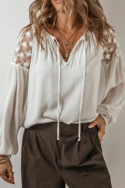 Hot Dear-Lover Floral Lace Patchwork Puff Sleeve Tied V Neck Blouse White