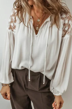 Hot Dear-Lover Floral Lace Patchwork Puff Sleeve Tied V Neck Blouse White