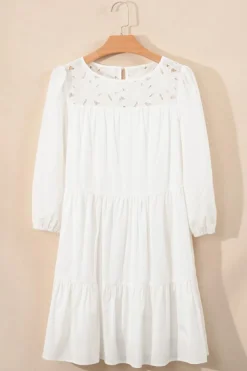 Hot Dear-Lover Floral Lace Patchwork Bracelet Sleeve Tiered Mini Dress White