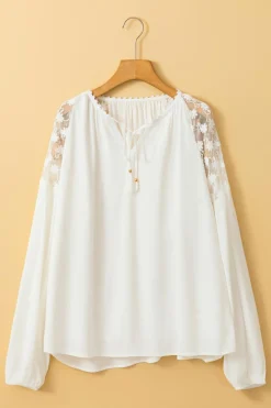 Hot Dear-Lover Floral Lace Patchwork Puff Sleeve Tied V Neck Blouse White