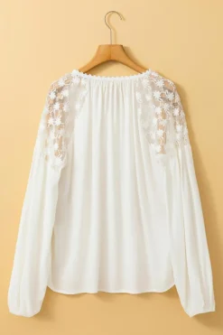 Hot Dear-Lover Floral Lace Patchwork Puff Sleeve Tied V Neck Blouse White