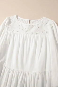 Hot Dear-Lover Floral Lace Patchwork Bracelet Sleeve Tiered Mini Dress White