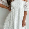 Discount Dear-Lover Floral Lace Puff Sleeve Empire Waist Mini Dress White