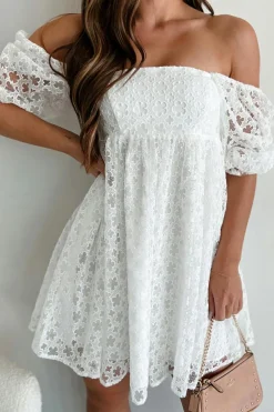 Discount Dear-Lover Floral Lace Puff Sleeve Empire Waist Mini Dress White