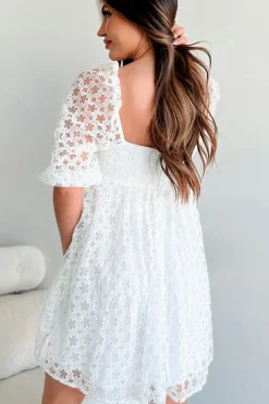 Discount Dear-Lover Floral Lace Puff Sleeve Empire Waist Mini Dress White