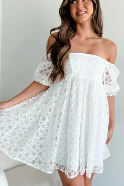 Discount Dear-Lover Floral Lace Puff Sleeve Empire Waist Mini Dress White