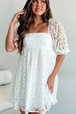 Discount Dear-Lover Floral Lace Puff Sleeve Empire Waist Mini Dress White