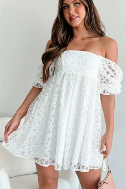 Discount Dear-Lover Floral Lace Puff Sleeve Empire Waist Mini Dress White