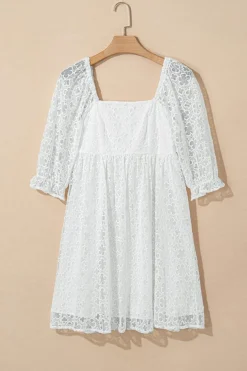 Discount Dear-Lover Floral Lace Puff Sleeve Empire Waist Mini Dress White