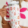Outlet Dear-Lover Floral Leaves Print Stainless Large Portable Cup 40oz White