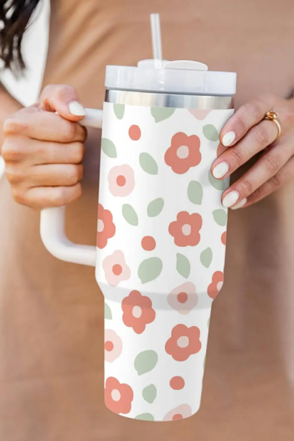 Outlet Dear-Lover Floral Leaves Print Stainless Large Portable Cup 40oz White