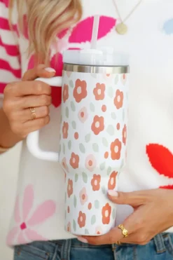 Outlet Dear-Lover Floral Leaves Print Stainless Large Portable Cup 40oz White