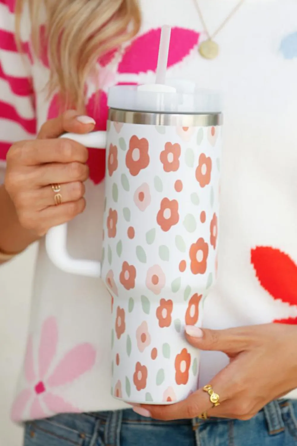 Outlet Dear-Lover Floral Leaves Print Stainless Large Portable Cup 40oz White